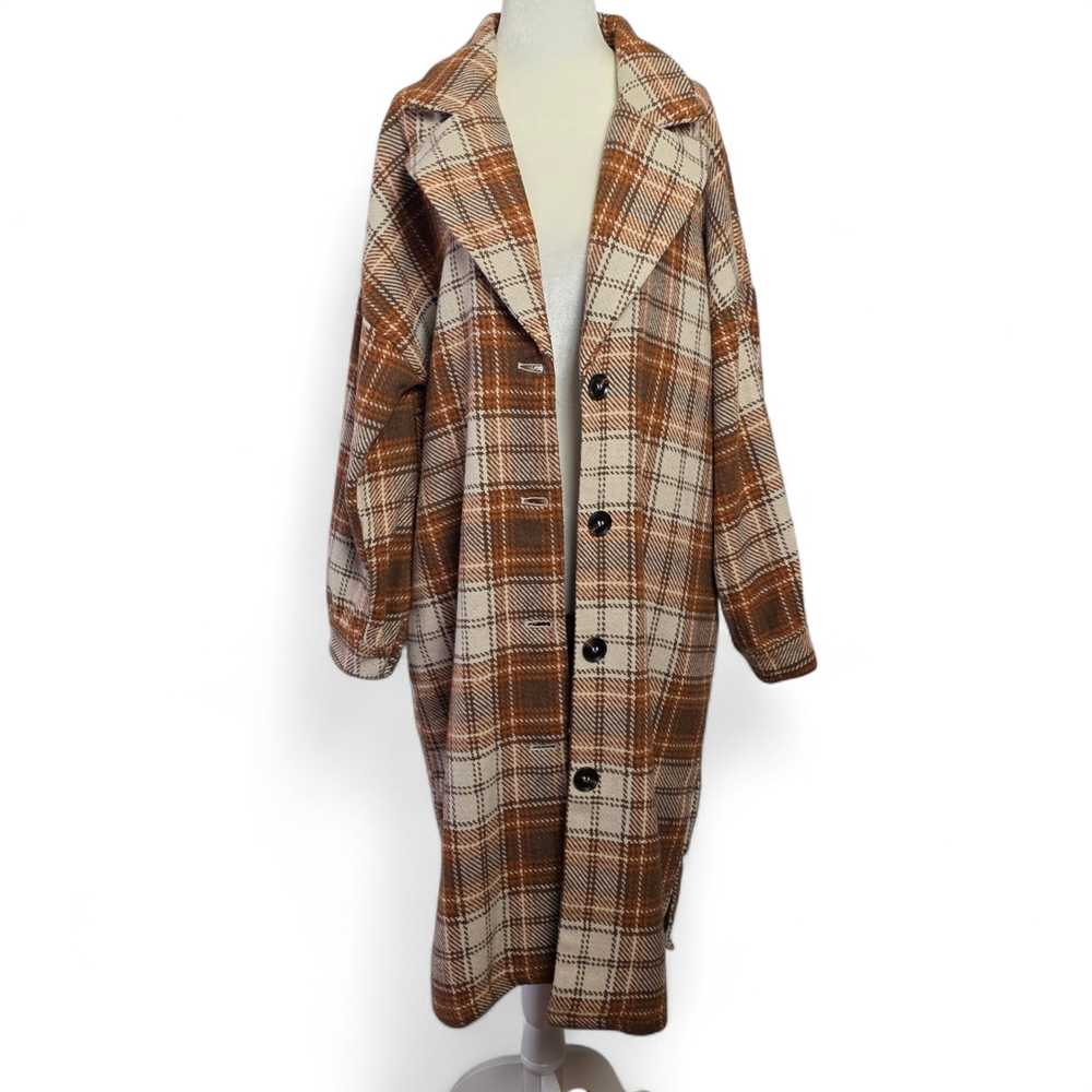 Umgee Womens Plaid Camel Shacket in Brown and Cream